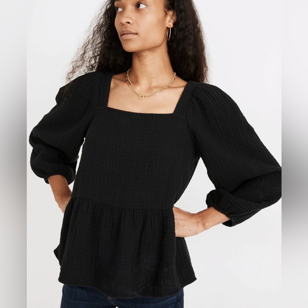 Madewell Black Textured Square Neck Peplum Blouse